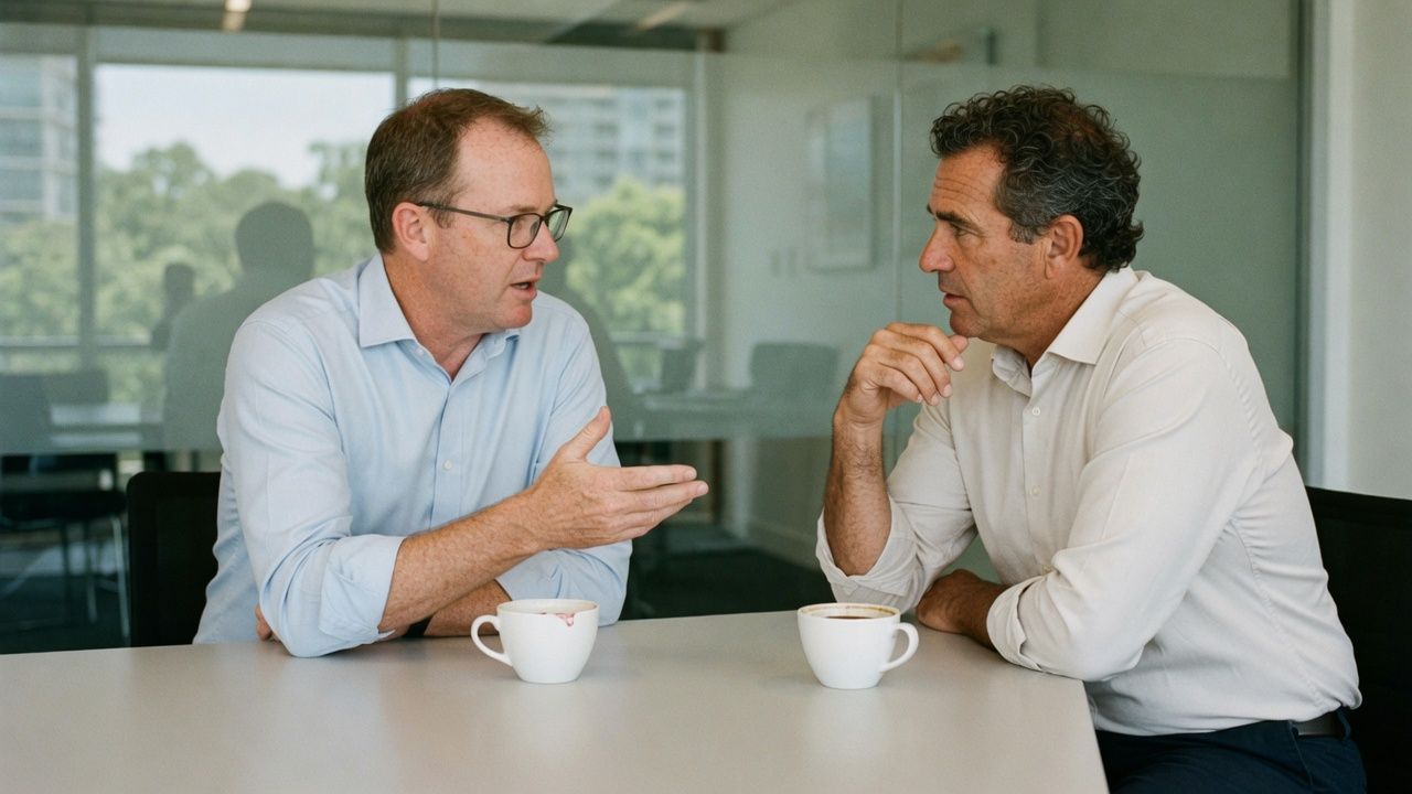 Two managers in conversation across a meeting table with coffee cups
