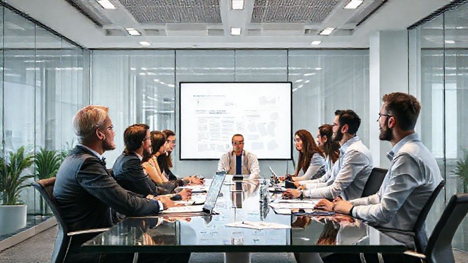 Executive board meeting presentation in modern office.