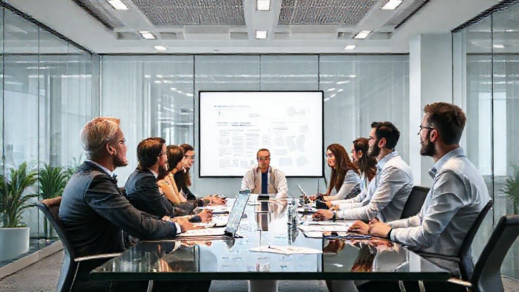 Executive board meeting presentation in modern office.