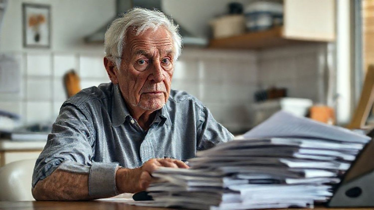 An elderly person sits at a table reviewing confusing paperwork while dealing with long wait times for support.