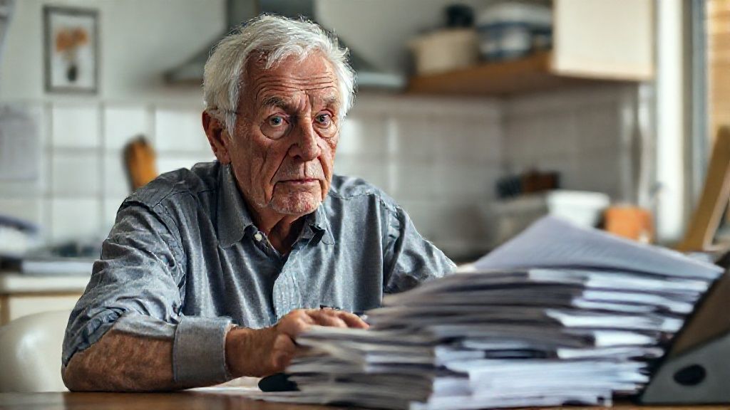 An elderly person sits at a table reviewing confusing paperwork while dealing with long wait times for support.