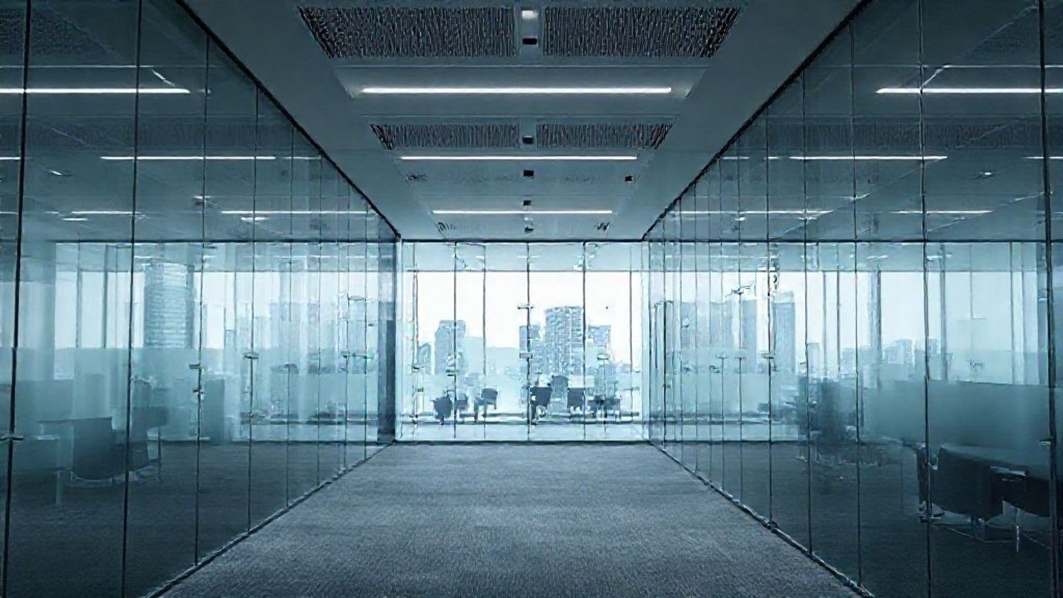 Cybersecurity office with glass walls and city view.