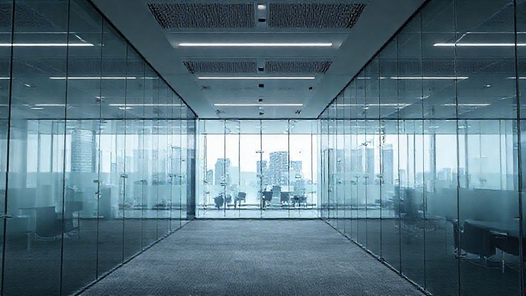 Cybersecurity office with glass walls and city view.