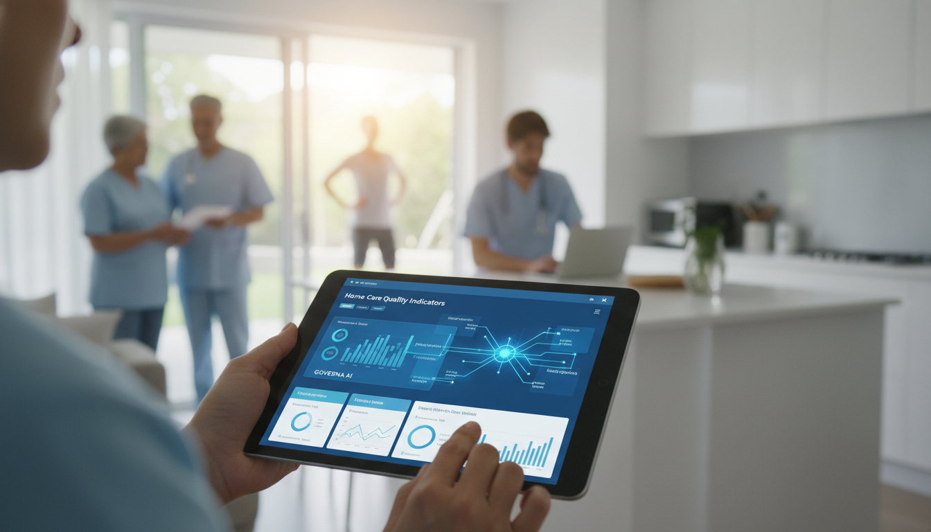 A person holding a tablet displaying a dashboard with "Home Care Quality Indicators" and "Governa AI" while healthcare professionals work in the background of a modern home setting.
