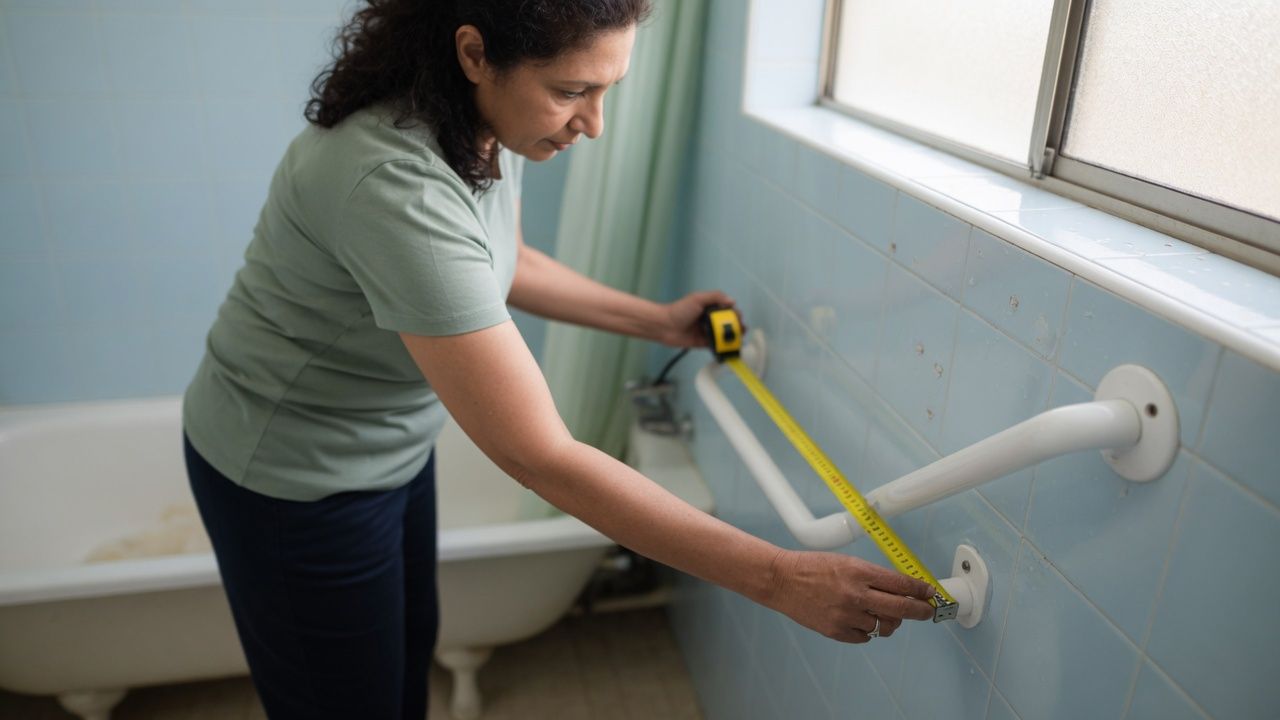 An occupational therapist measuring a bathroom wall beside a grab rail with a tape measure