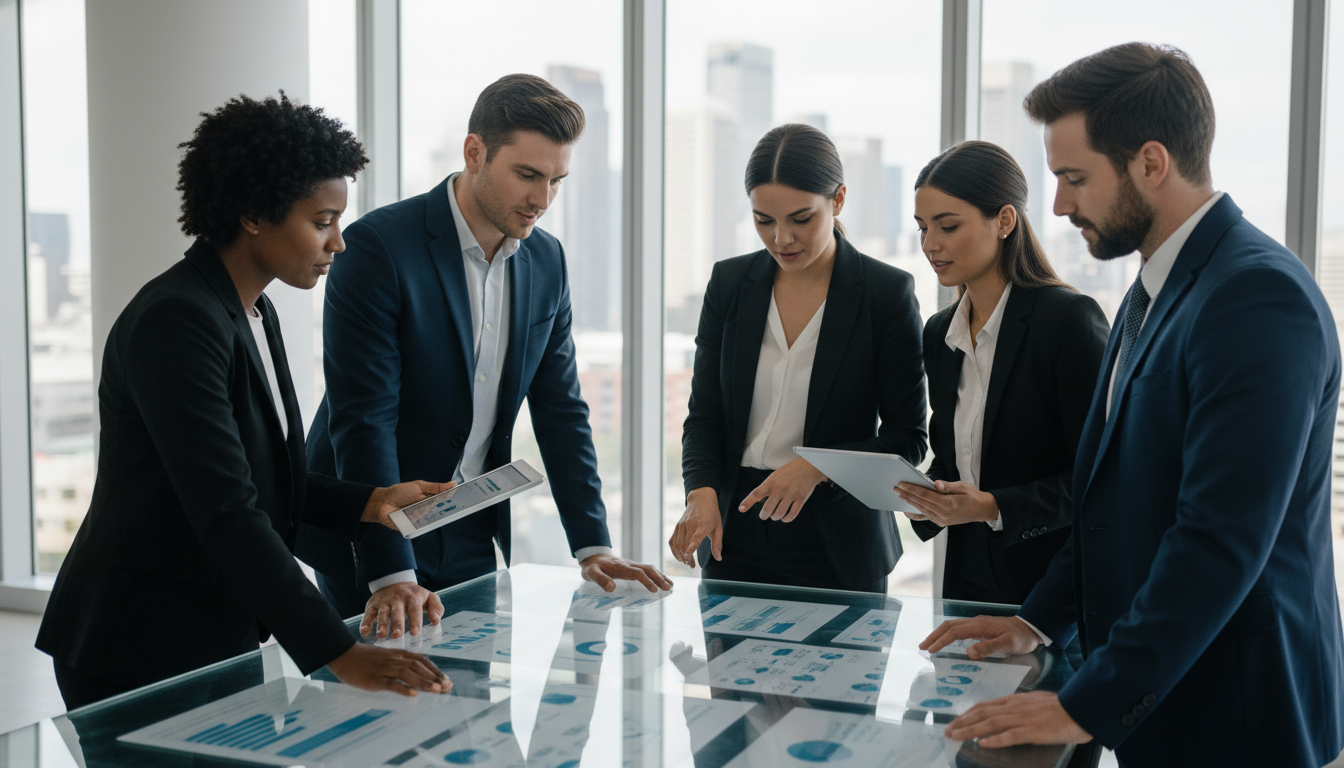 A group of diverse business professionals in suits gathered around a clear table, looking at digital tablets and documents with graphs and charts, in a modern office setting with city views.