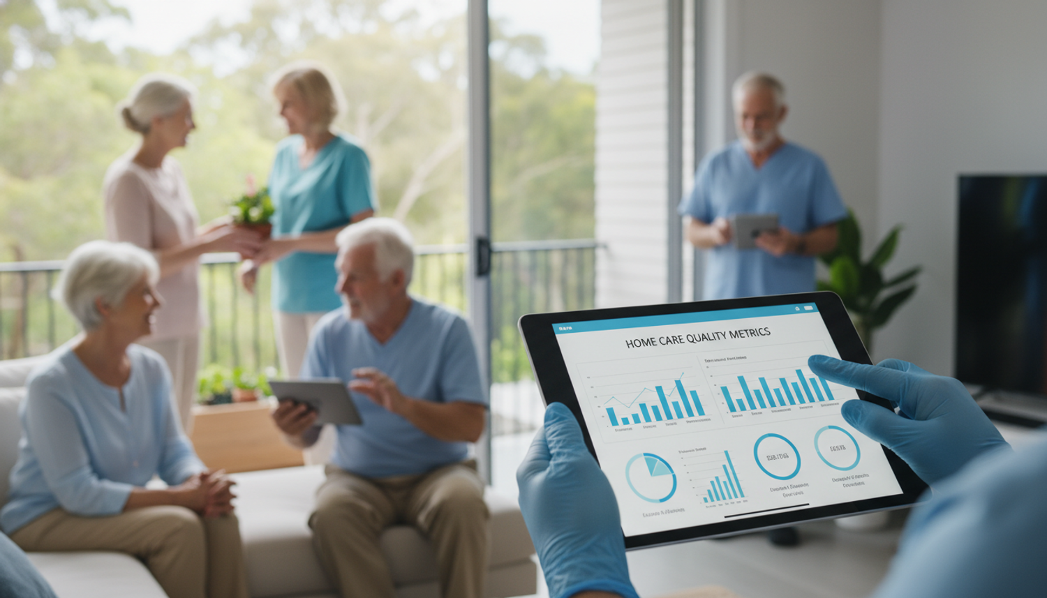 A person in blue gloves holds a tablet displaying home care quality metrics with charts and data, while in the background, elderly people and care providers interact in a home setting.