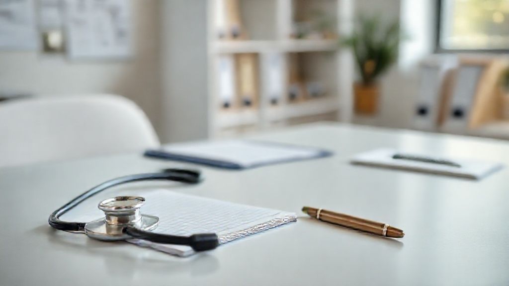 A professional desk in an Australian healthcare setting featuring a stethoscope and notepad.