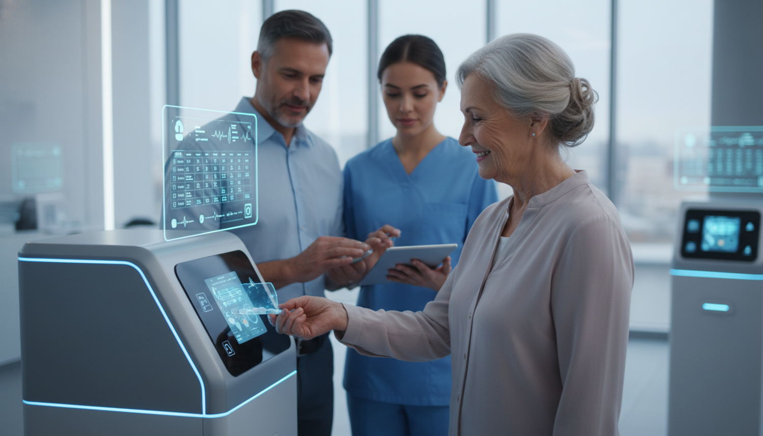 Healthcare AI helps senior and nurse view digital data.
