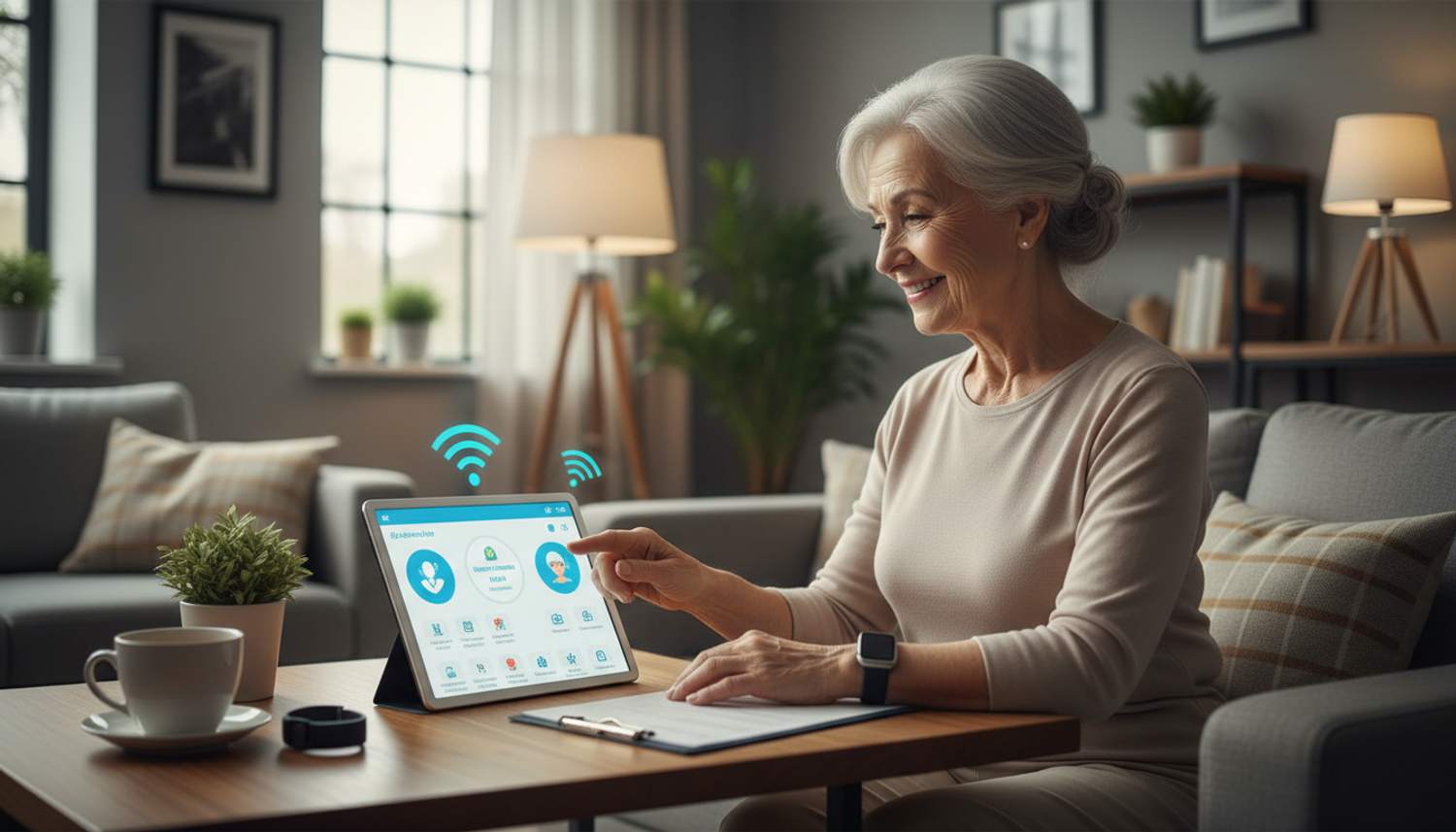 Senior woman using a home care app for remote health monitoring.