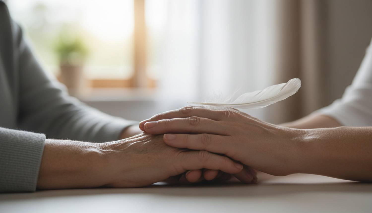  Two people holding hands gently, with a white feather resting on top, symbolizing comfort and peace at the end of life.
