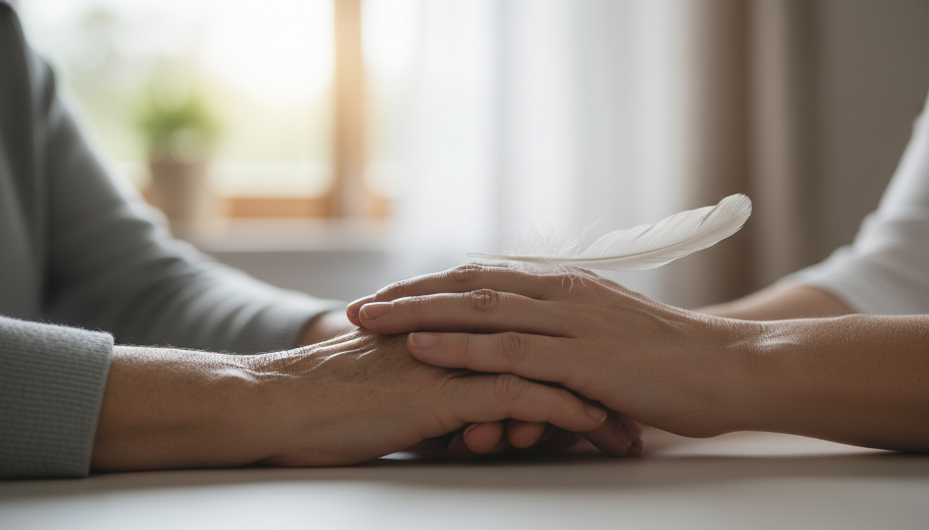 Two people holding hands gently, with a white feather resting on top, symbolizing comfort and peace at the end of life.