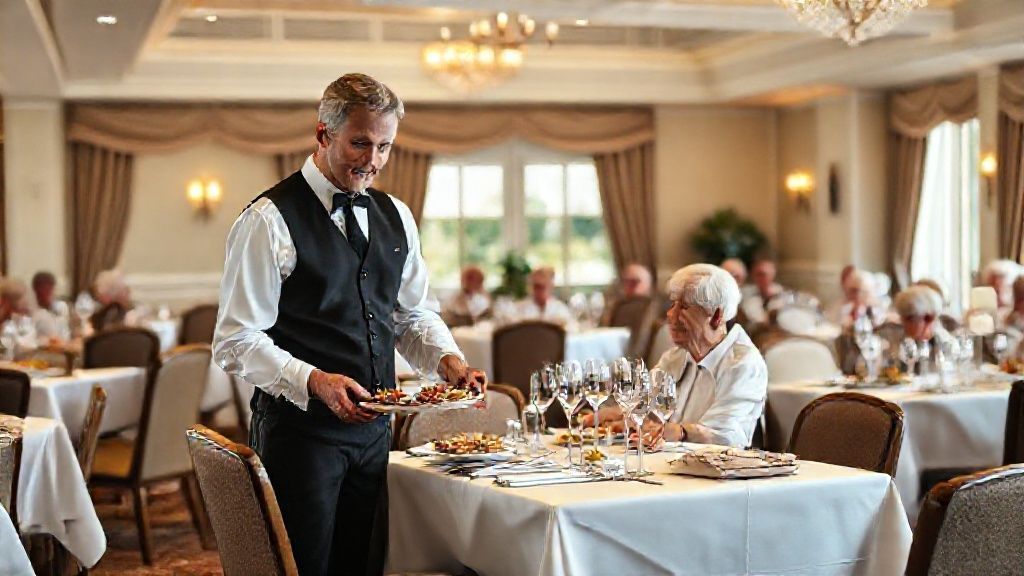 Waiter serving food in aged care dining room.