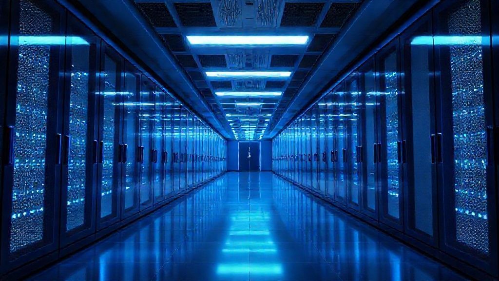 Cybersecurity server room corridor with blue lighting.