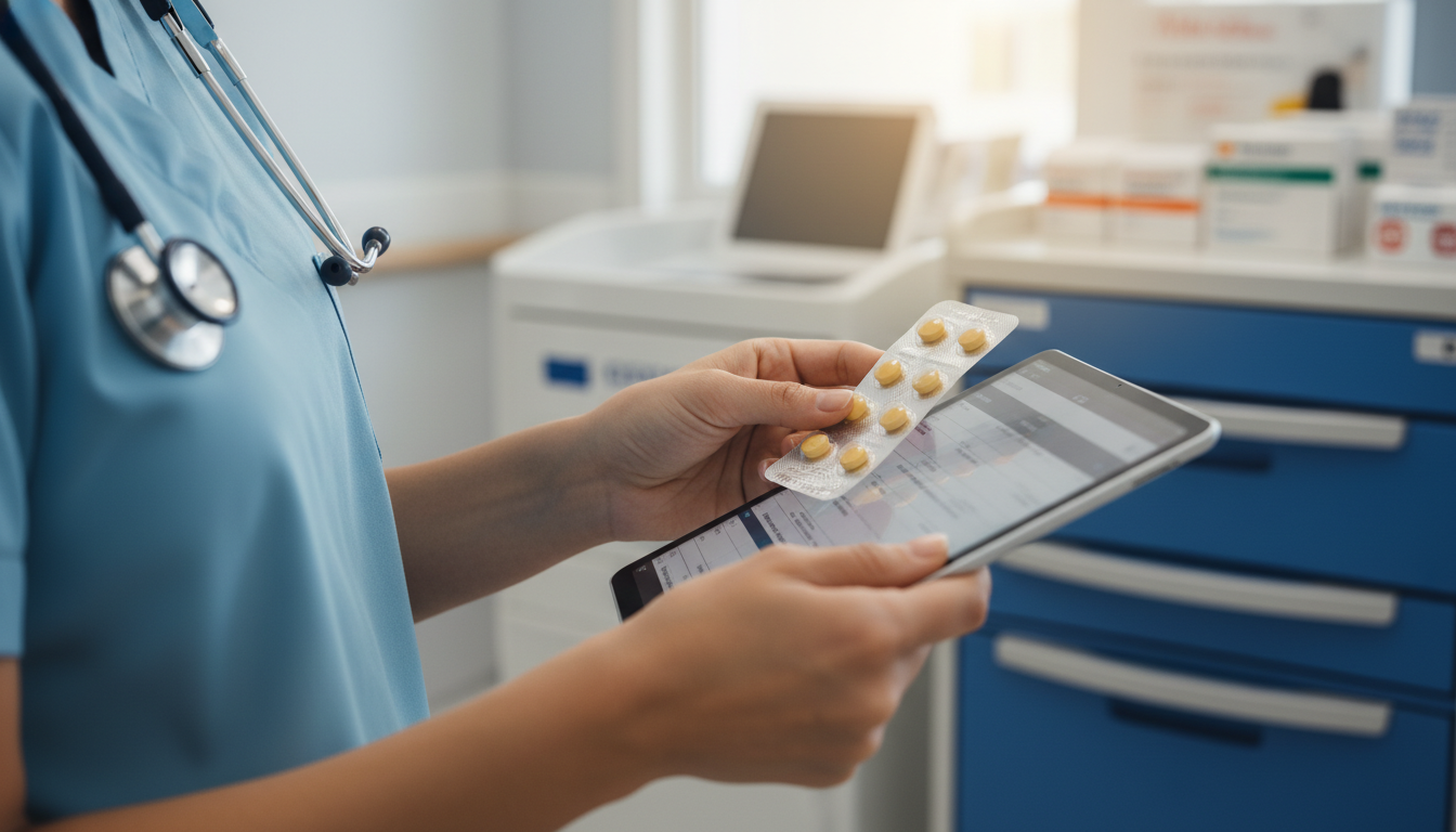 Nurse verifies medication with policy mapping on tablet.