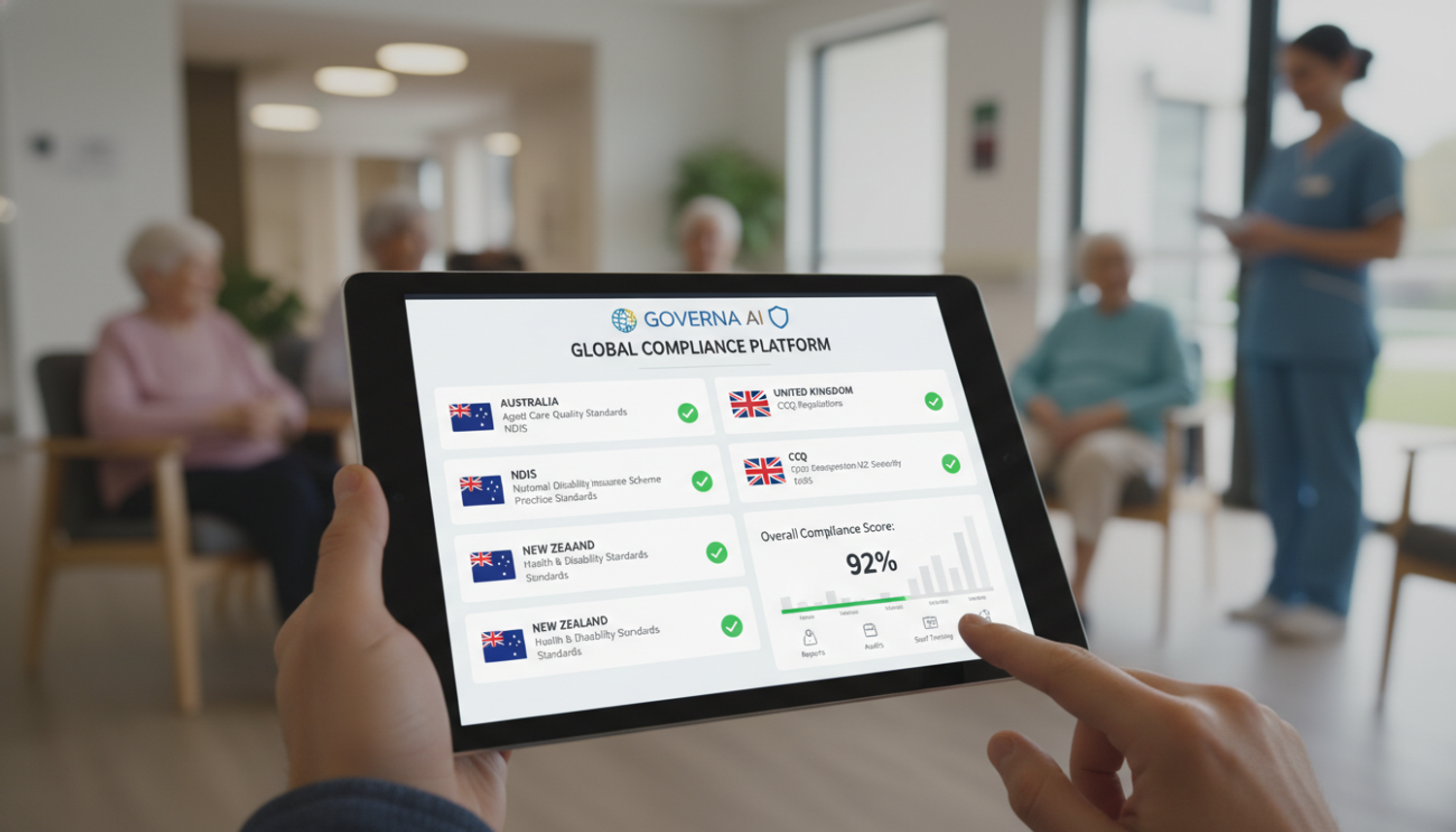 A person holding a tablet displaying the Governa AI global compliance platform interface, with various international aged care standards listed. In the background, residents and a caregiver are visible in a modern aged care facility.
