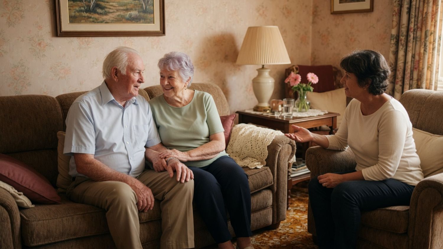 An older couple sitting together on a sofa talking with a visitor seated opposite