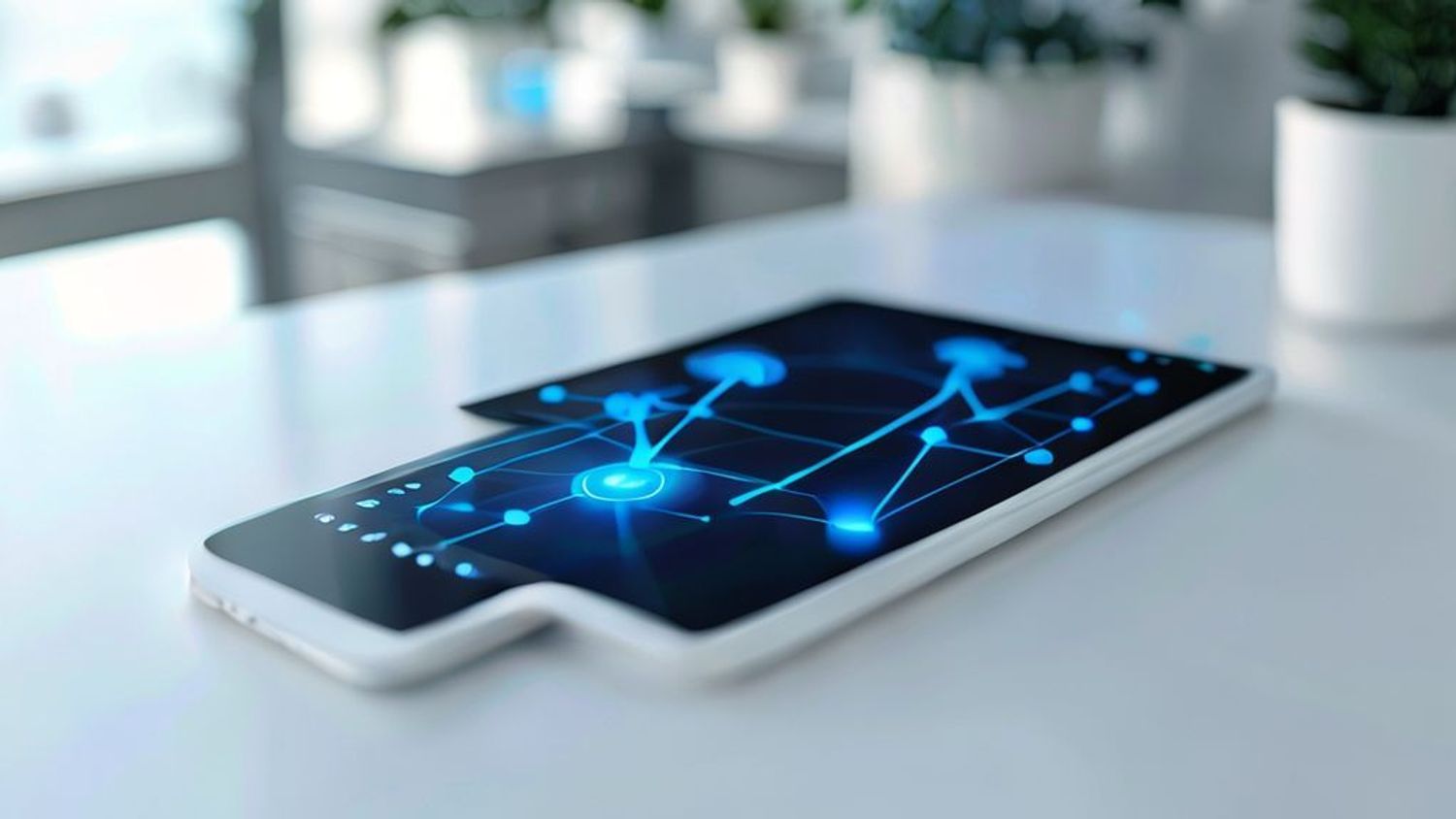 A medical tablet displaying a network graph representing connected health data.