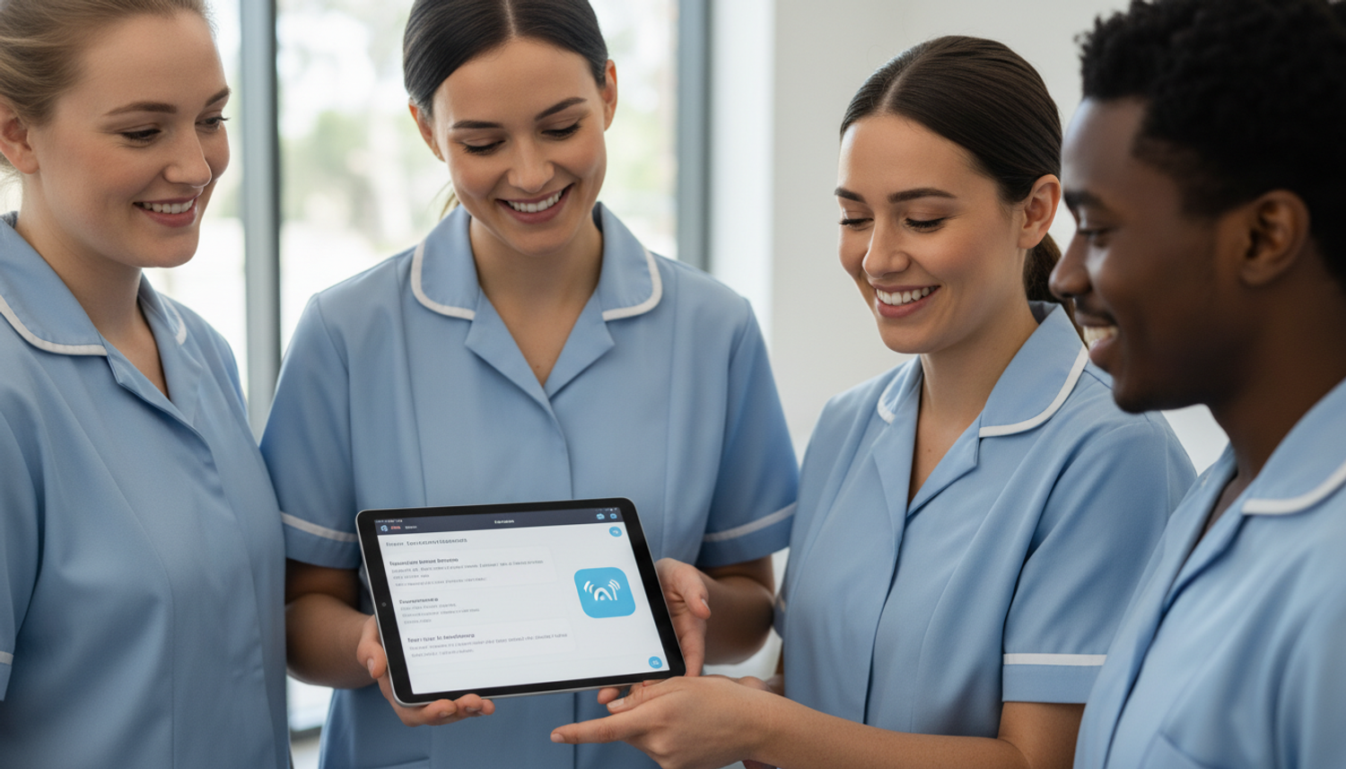 Nurses using Gemma AI on a tablet to coordinate care.