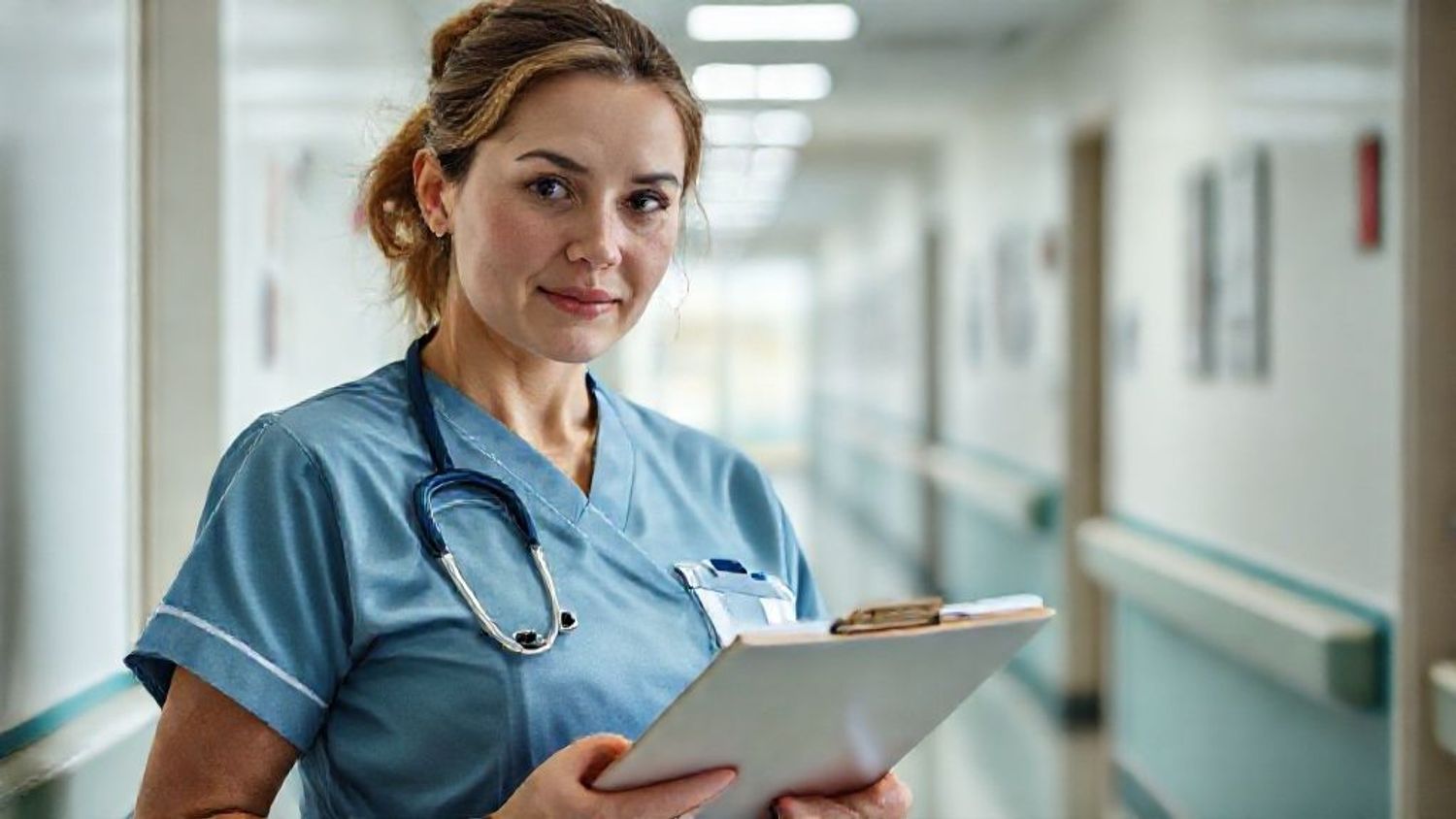 A professional carer holding a clipboard in a clean Australian aged care facility hallway.