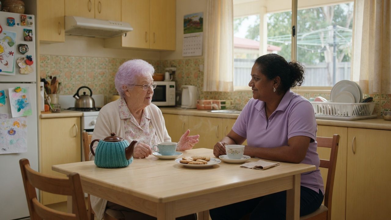 Care worker and client talking respectfully at a kitchen table