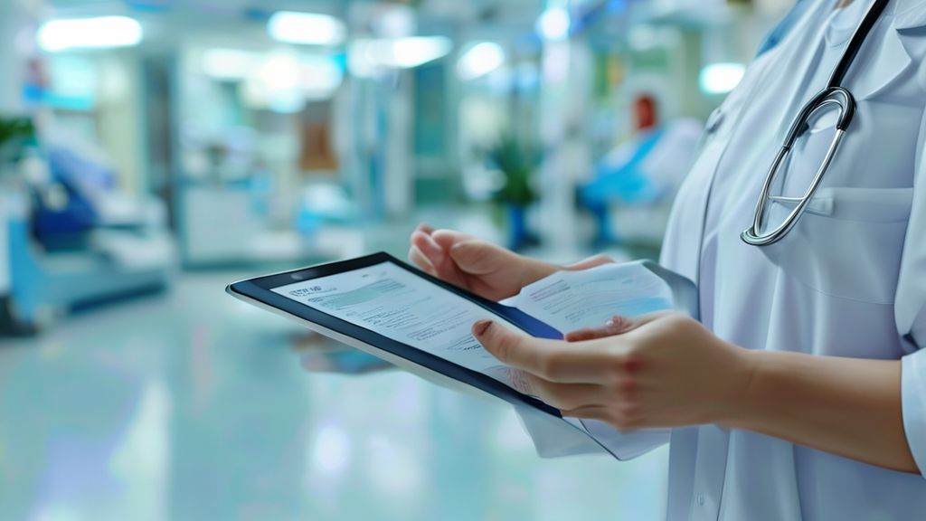 A nurse using a digital tablet to verify clinical notes in a modern healthcare setting.