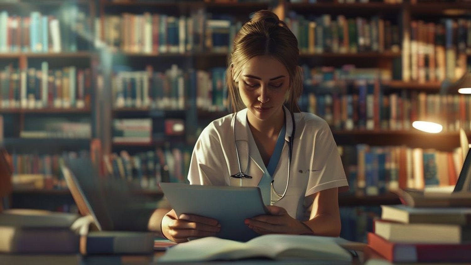 A nursing student in Australia using a tablet and textbooks to study in a library setting
