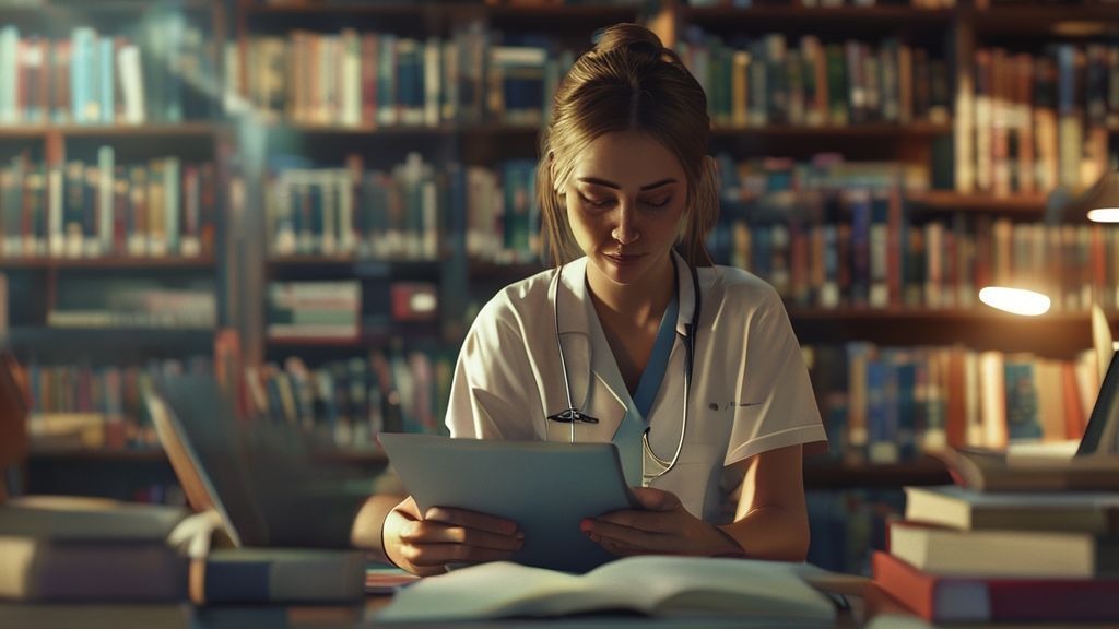 A nursing student in Australia using a tablet and textbooks to study in a library setting