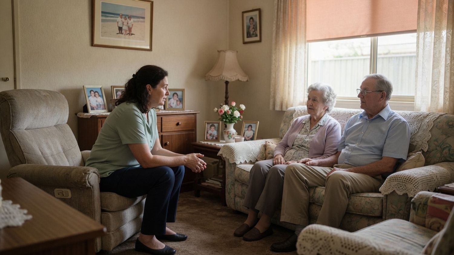 An aged care assessor in conversation with an older couple in their living room about Support at Home classifications