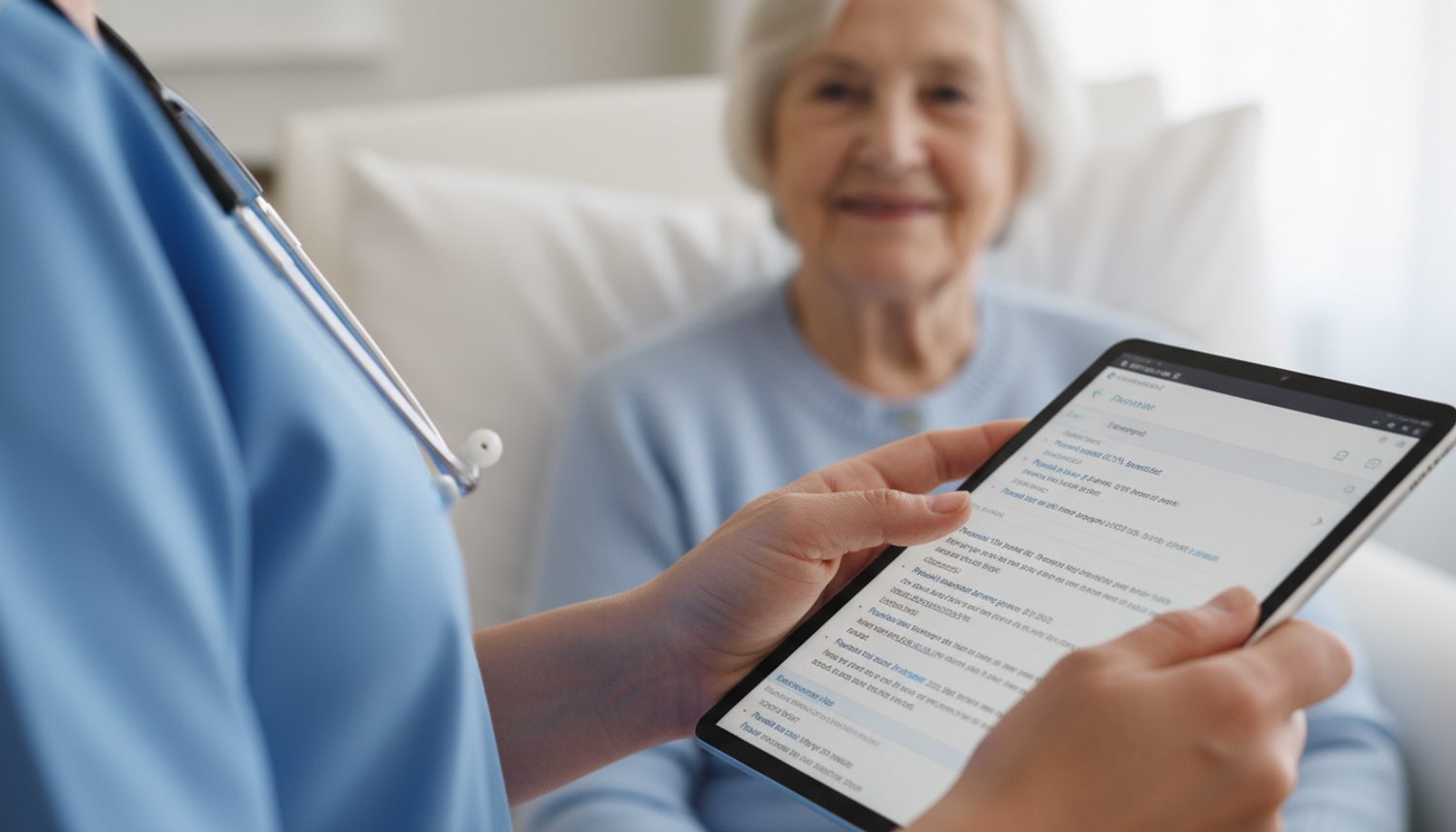 A nurse in blue scrubs holds a tablet, viewing resident progress notes, with an elderly patient smiling in the background.