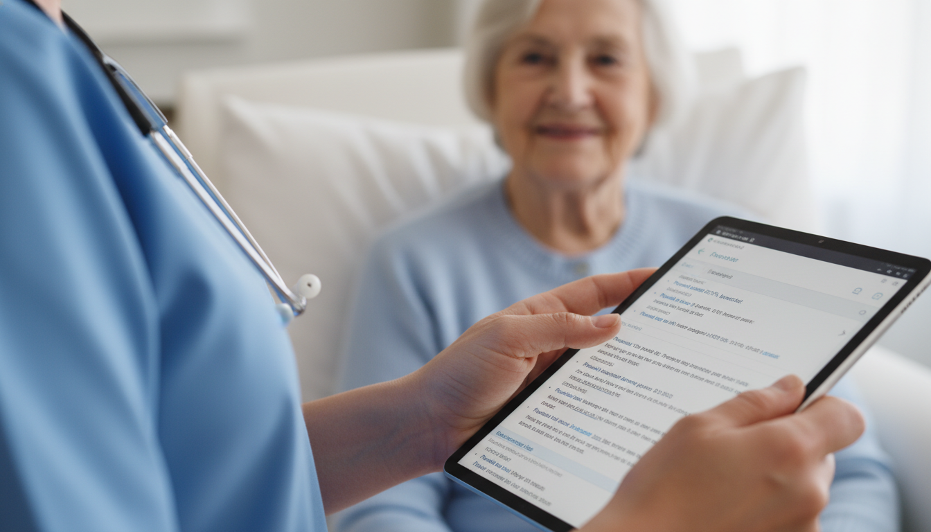 A nurse in blue scrubs holds a tablet, viewing resident progress notes, with an elderly patient smiling in the background.