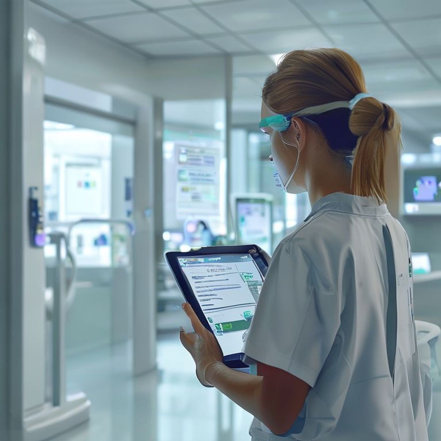 A nursing student uses a tablet to review compliance standards in an aged care facility.