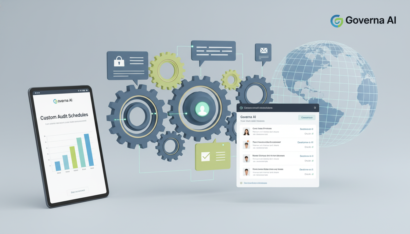 A digital tablet displaying a bar graph titled "Custom Audit Schedules" next to a larger infographic showing gears, documents, and digital icons, all representing a balance between customization and standardized tools, with the Governa AI logo in the top r