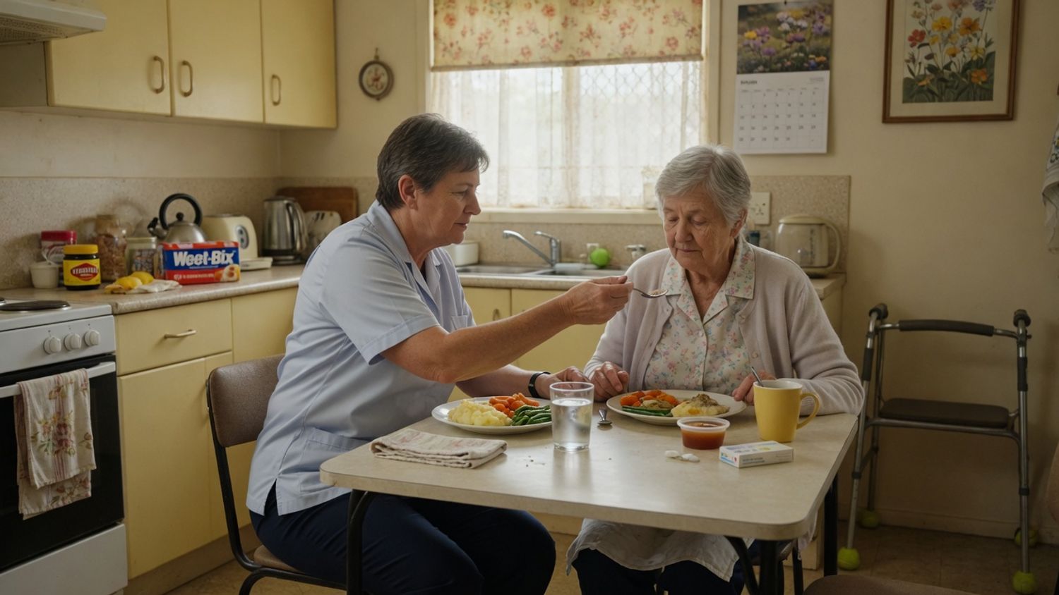 Home care worker supporting safe mealtime practice for dysphagia home care