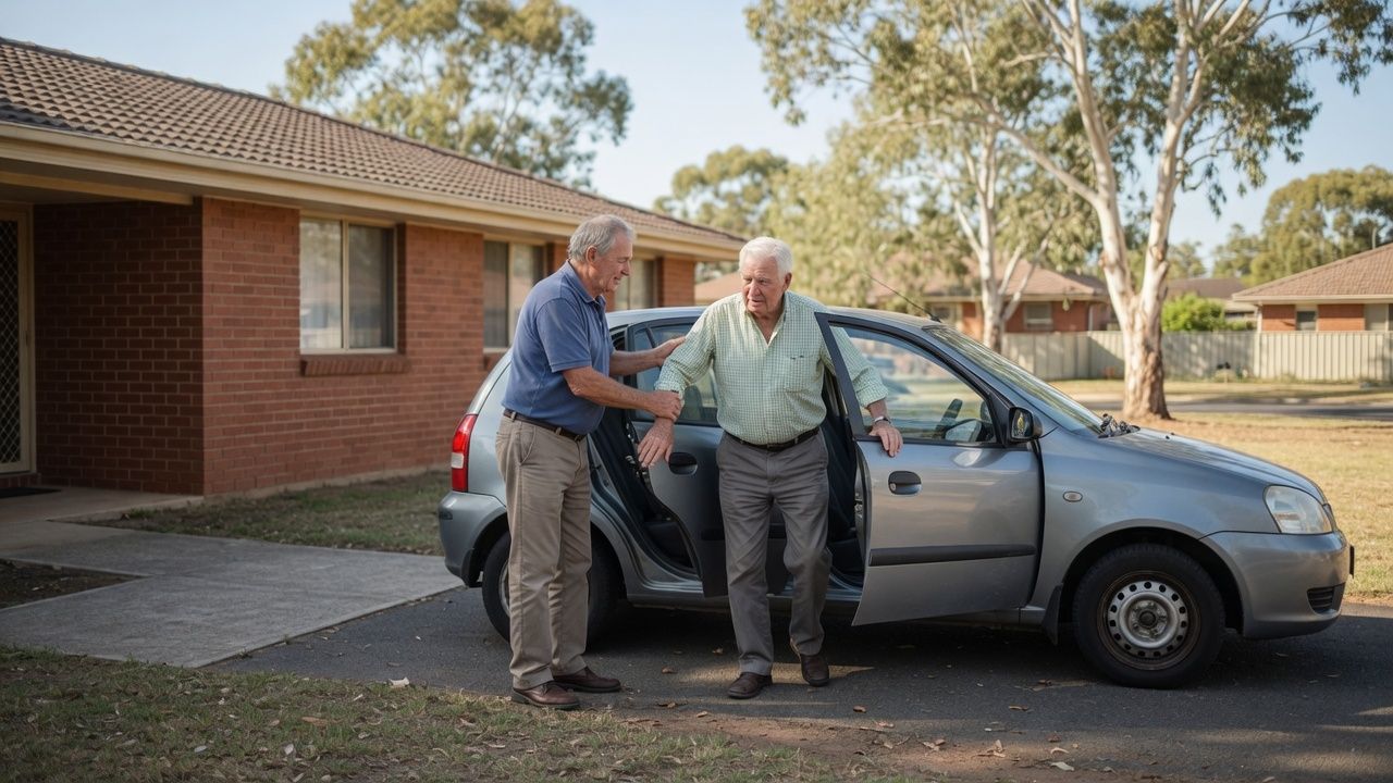 A community transport volunteer helping an older man out of a car, the kind of entry-level support CHSP providers deliver