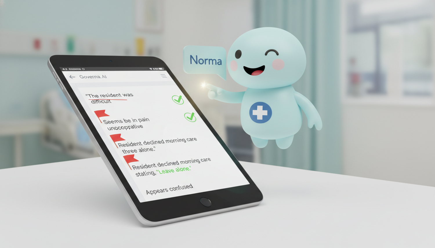 A friendly cartoon character named Norma pointing at a tablet displaying nursing notes with "red flag" terms highlighted and corrected to objective phrases.
