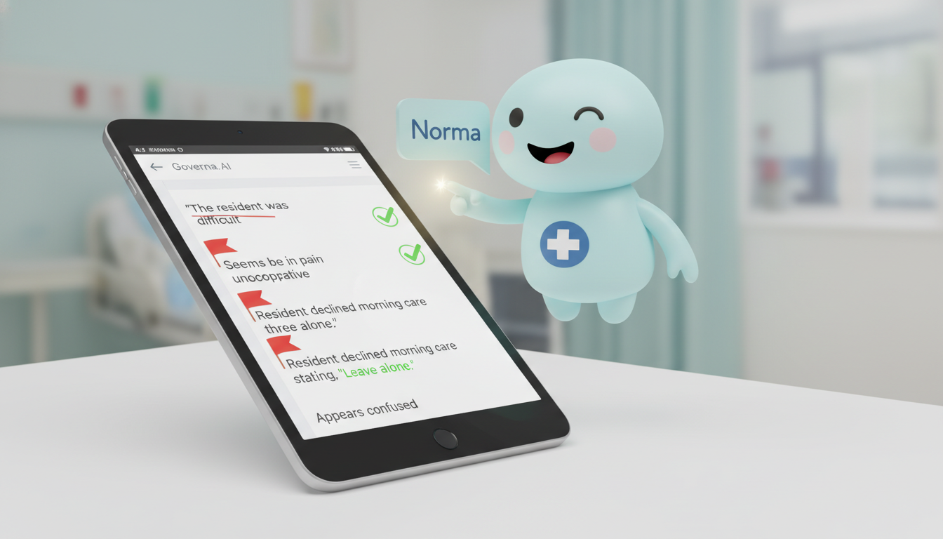 A friendly cartoon character named Norma pointing at a tablet displaying nursing notes with "red flag" terms highlighted and corrected to objective phrases.