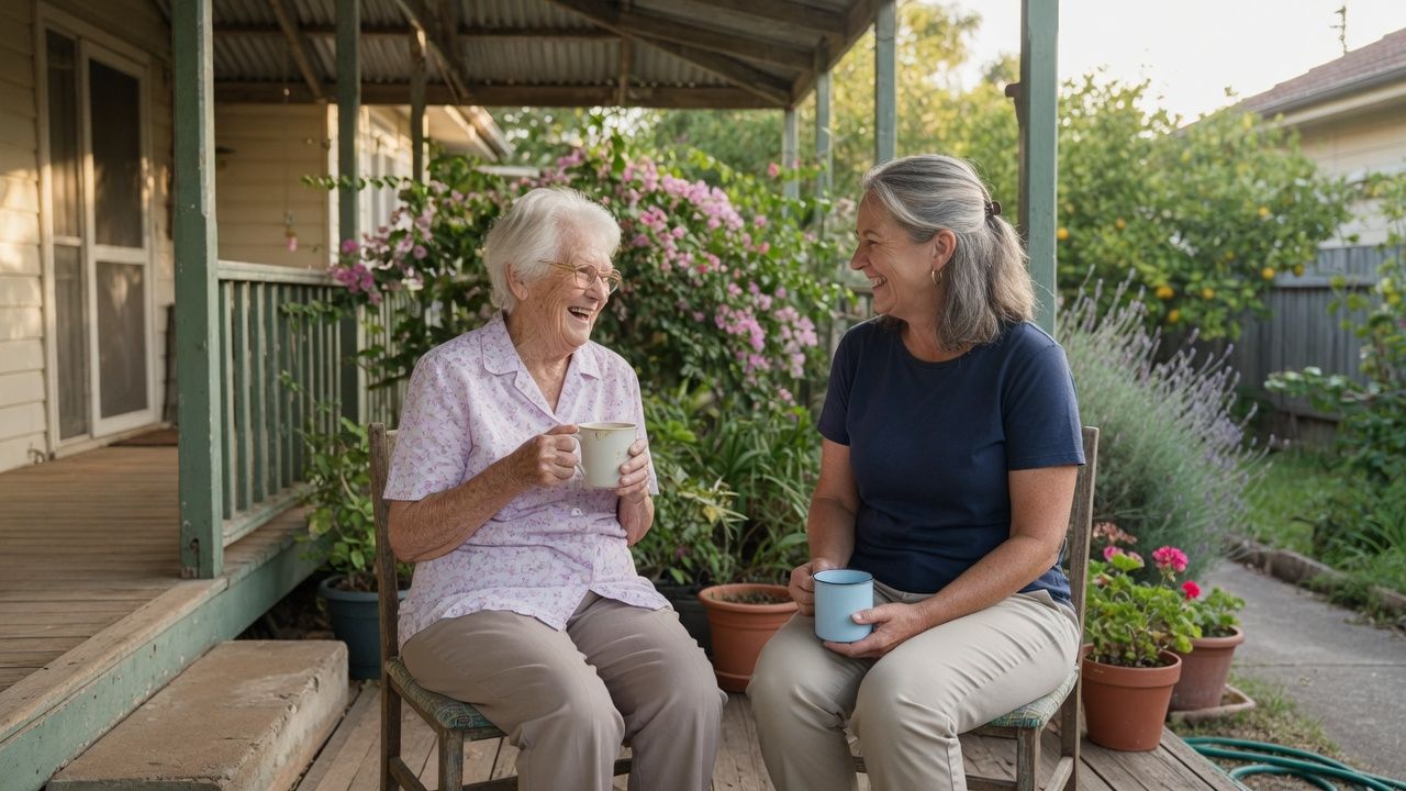 An elderly woman and her adult daughter sitting side by side on a verandah holding mugs and smiling at each other