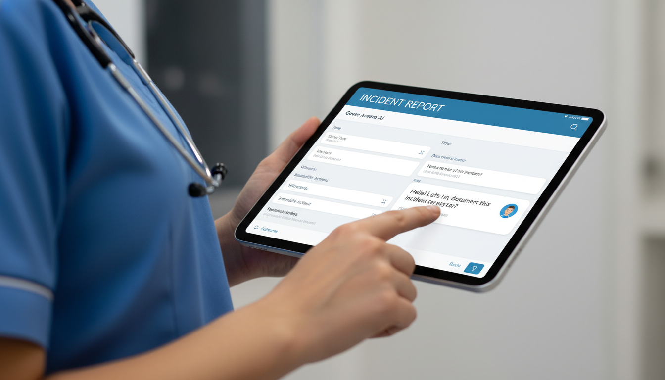 A nurse in blue scrubs uses a tablet to complete an incident report, focusing on a clear, user-friendly interface.