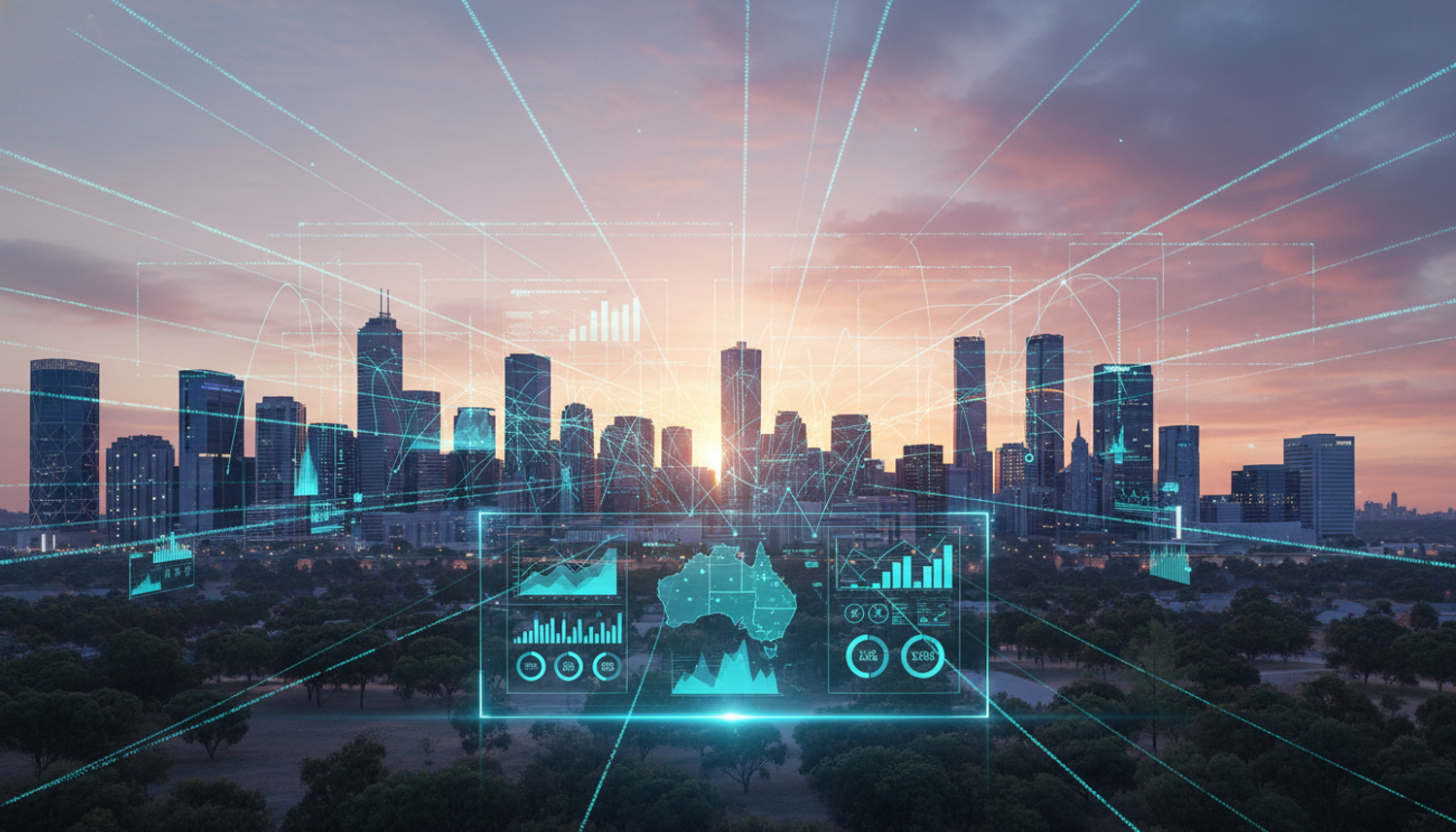 Digital overlay of data analytics and graphs over a city skyline at sunset, with a map of Australia highlighted, representing data insight and benchmark reporting.
