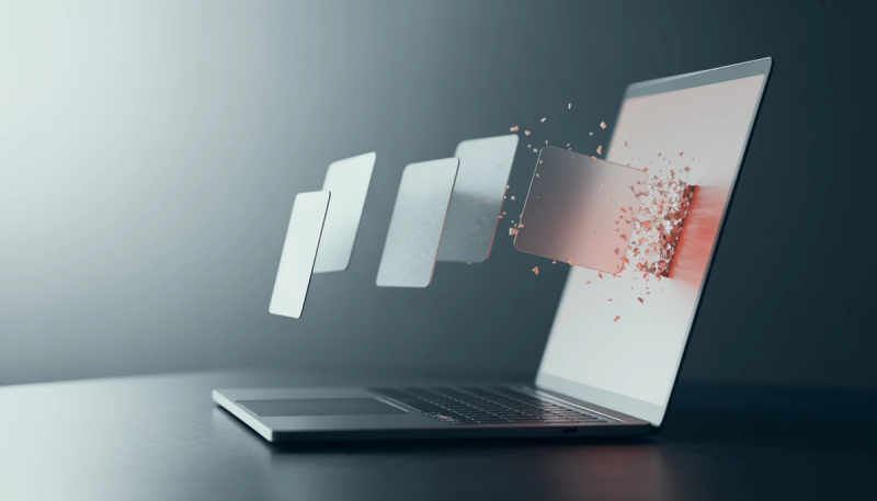 Row of blank pop-up windows flying out of a laptop screen, the nearest one shattering into fragments