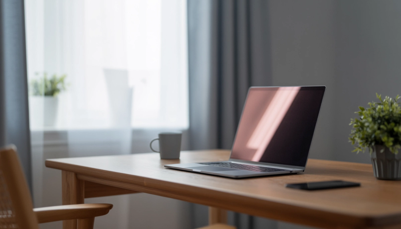 Open laptop with a dark screen on a wooden table beside a grey mug and phone, with daylight coming through sheer curtains