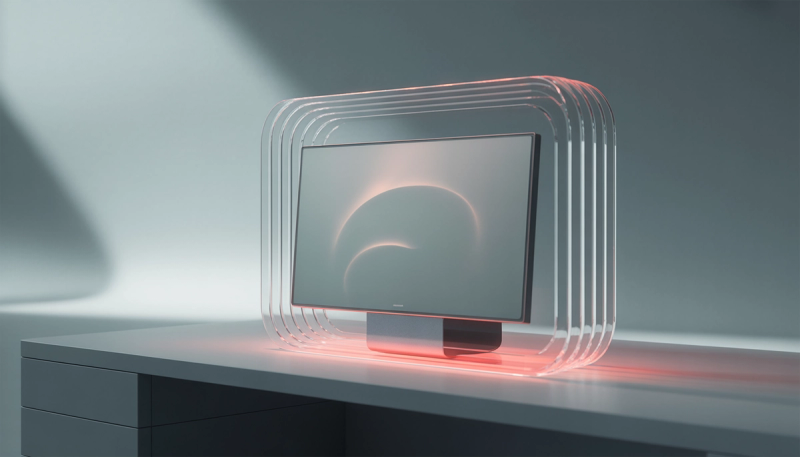 Desktop monitor on a white desk surrounded by layered curved glass frames glowing red along the base