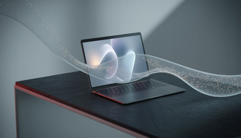Laptop on a dark stone desk with a translucent ribbon of light and gold particles flowing through and around the screen