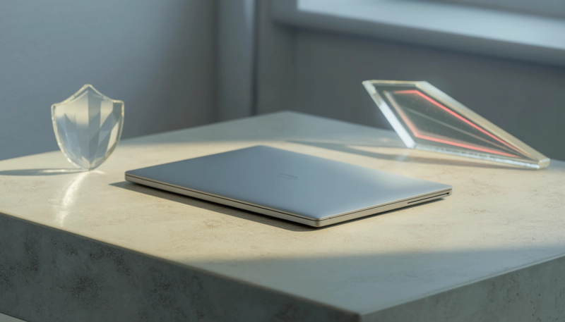 Closed silver laptop on a concrete ledge between a clear glass shield and a tilted panel glowing with red warning lines