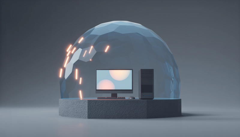 Desktop computer and monitor on a stone platform inside a translucent blue dome deflecting glowing orange projectiles