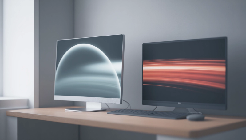 Two monitors side by side on a wooden desk, one showing a cool blue-grey wallpaper and the other a red-orange one
