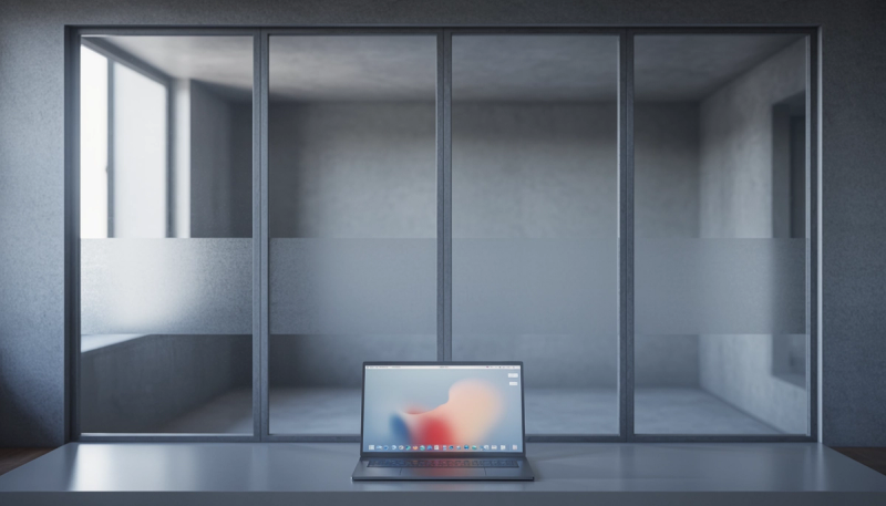 Small laptop with a lit screen on a grey desk in front of a floor-to-ceiling frosted glass partition wall