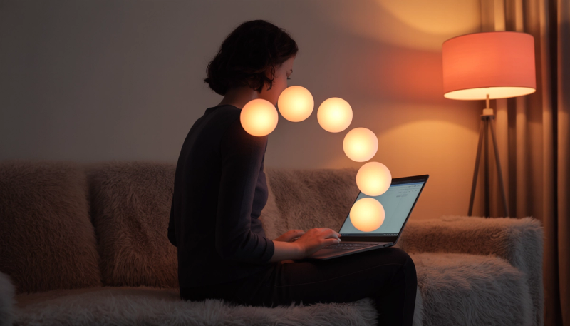 Person sitting on a couch using a laptop in a dim room, with a glowing arc of orange orbs rising from the screen toward them