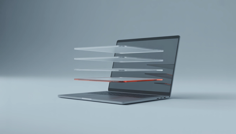 Open laptop with four stacked translucent glass panels floating out of the screen, the bottom one edged in orange
